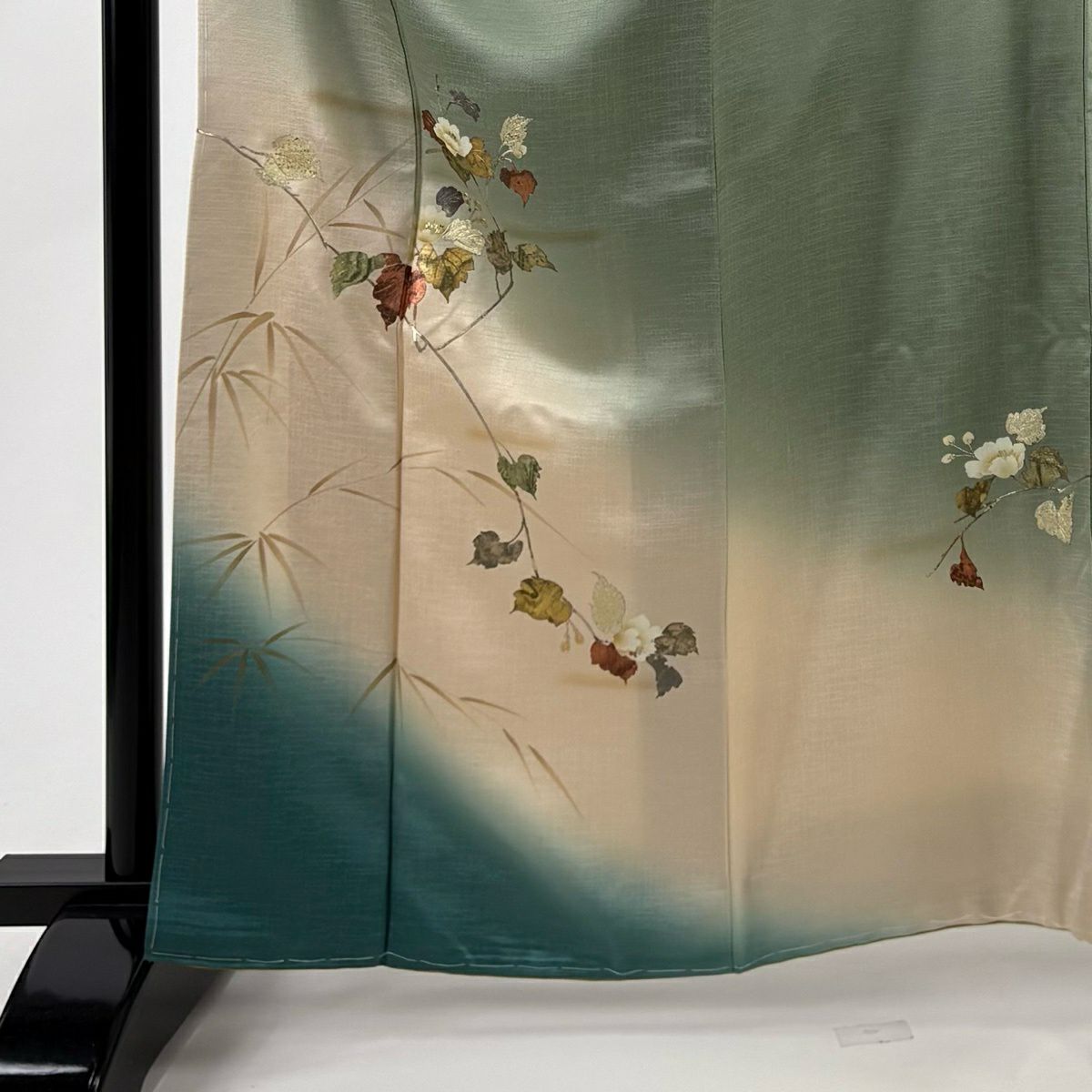 付下 身長162cm 袖長63.5cm S 雙層 枝花 笹 金銀彩 螺鈿 灰綠 純蠶絲 秀品級