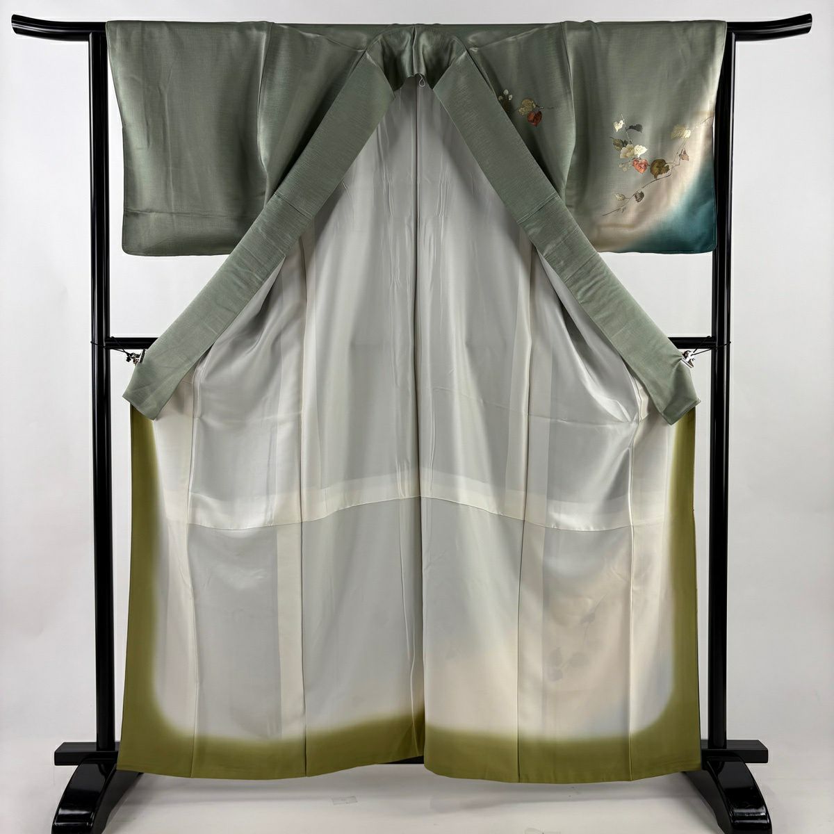 付下 身長162cm 袖長63.5cm S 雙層 枝花 笹 金銀彩 螺鈿 灰綠 純蠶絲 秀品級