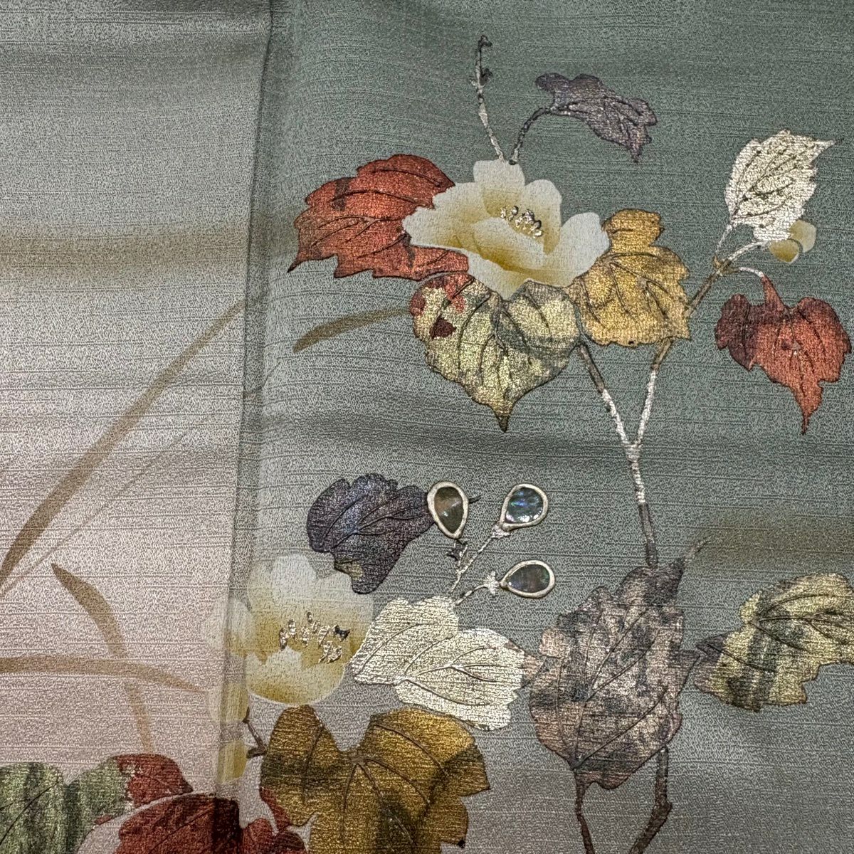 付下 身長162cm 袖長63.5cm S 雙層 枝花 笹 金銀彩 螺鈿 灰綠 純蠶絲 秀品級