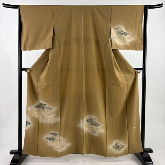 【美品】 付下 身長161cm 袖長64cm M 雙層 落款あり 人物 文字 金銀彩 漸層 薄茶 純蠶絲 秀品級