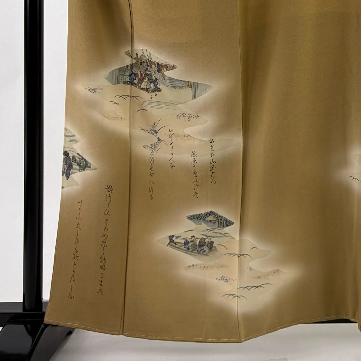 【美品】 付下 身長161cm 袖長64cm M 雙層 落款あり 人物 文字 金銀彩 漸層 薄茶 純蠶絲 秀品級