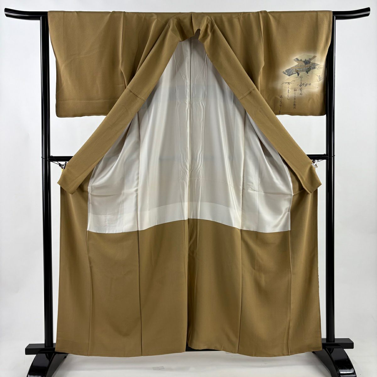 【美品】 付下 身長161cm 袖長64cm M 雙層 落款あり 人物 文字 金銀彩 漸層 薄茶 純蠶絲 秀品級
