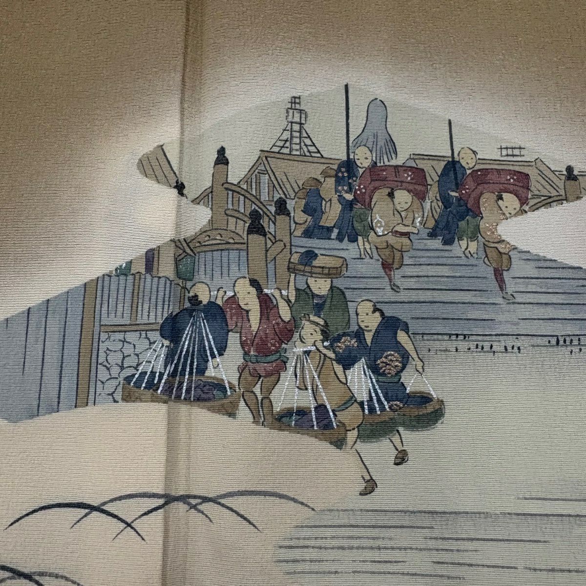 【美品】 付下 身長161cm 袖長64cm M 雙層 落款あり 人物 文字 金銀彩 漸層 薄茶 純蠶絲 秀品級