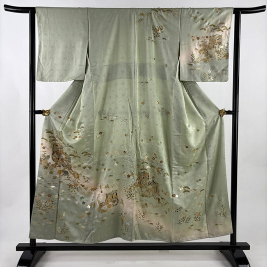 訪問服 身長153cm 袖長63cm S 雙層 御所車 秋草 金銀彩 螺鈿 淡綠 純蠶絲 秀品級
