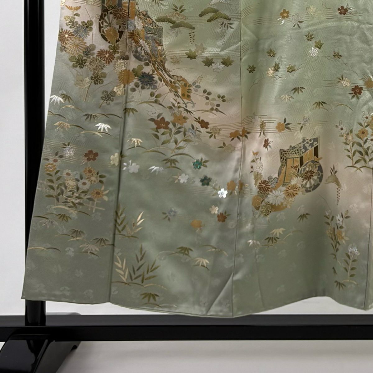訪問服 身長153cm 袖長63cm S 雙層 御所車 秋草 金銀彩 螺鈿 淡綠 純蠶絲 秀品級
