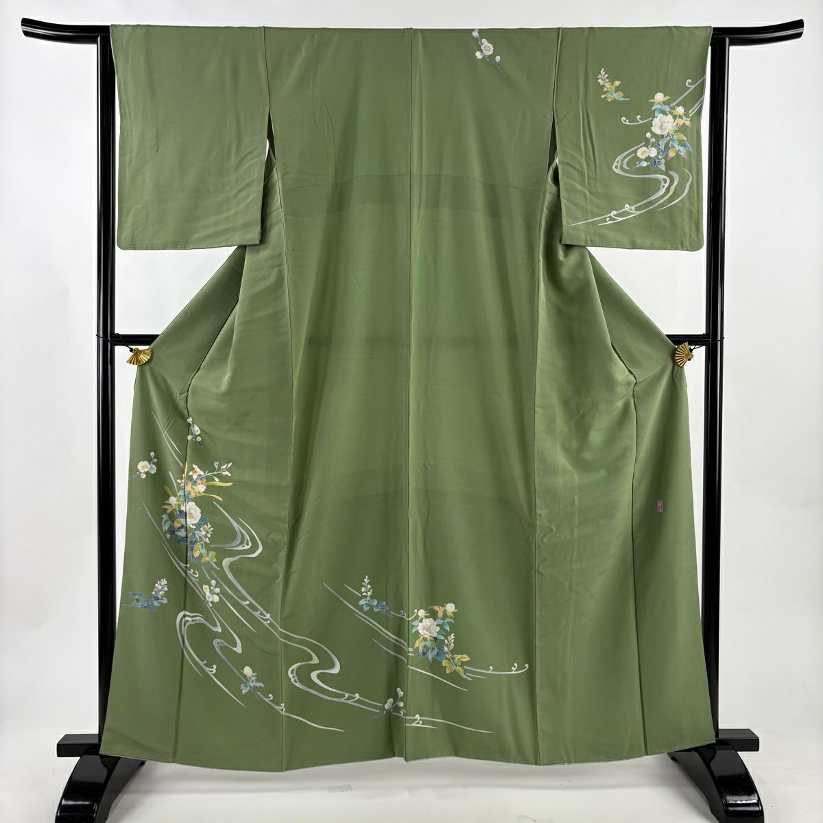 訪問服 身長161cm 袖長62.5cm S 雙層 落款あり 枝花 流水 抹茶 純蠶絲 秀品級