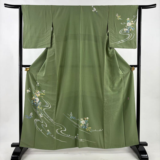 訪問服 身長161cm 袖長62.5cm S 雙層 落款あり 枝花 流水 抹茶 純蠶絲 秀品級
