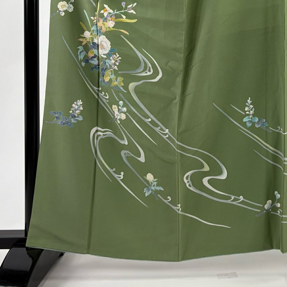 訪問服 身長161cm 袖長62.5cm S 雙層 落款あり 枝花 流水 抹茶 純蠶絲 秀品級