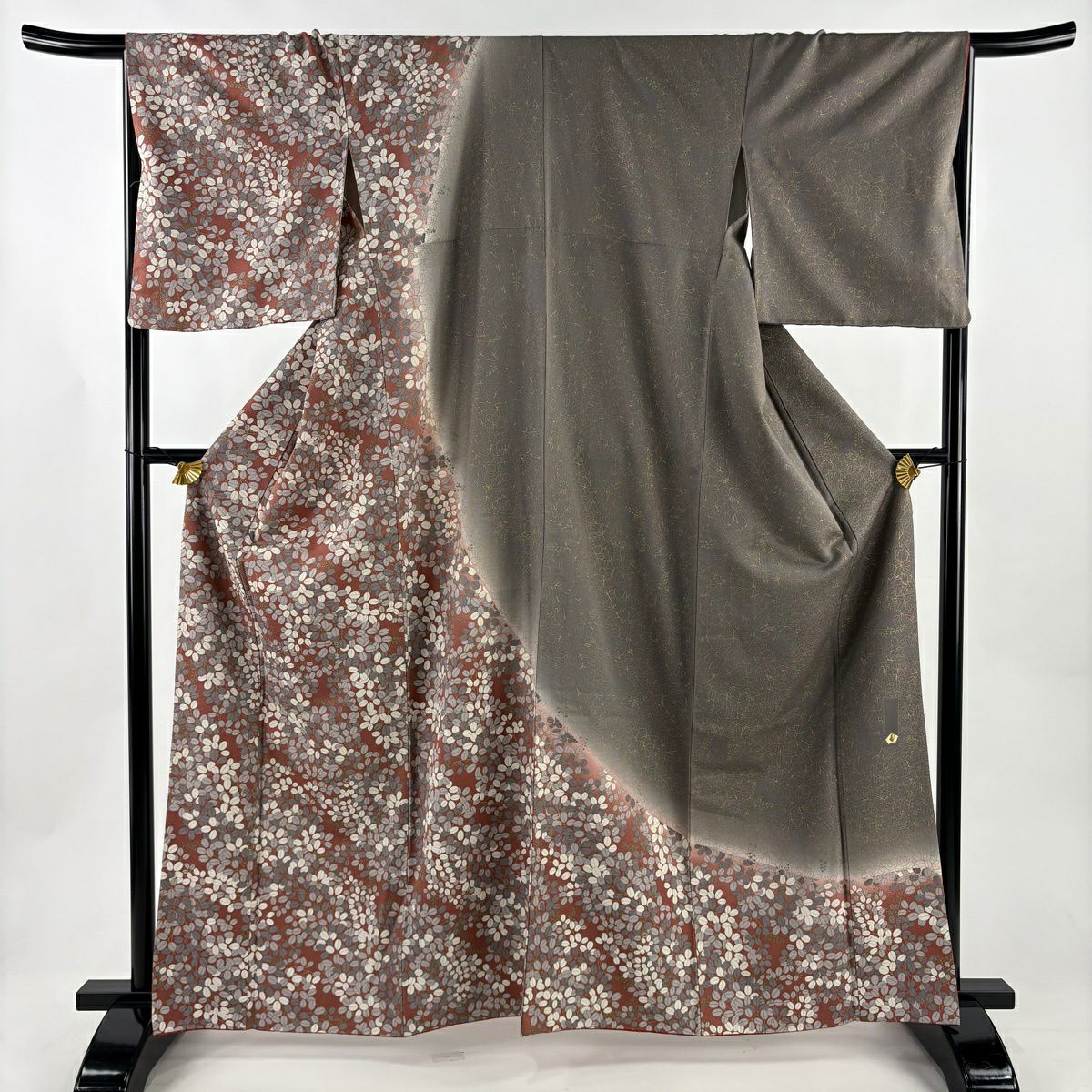 【美品】訪問服 身長162cm 袖長67.5cm L 雙層 萩 金銀彩 小豆 純蠶絲 秀品級
