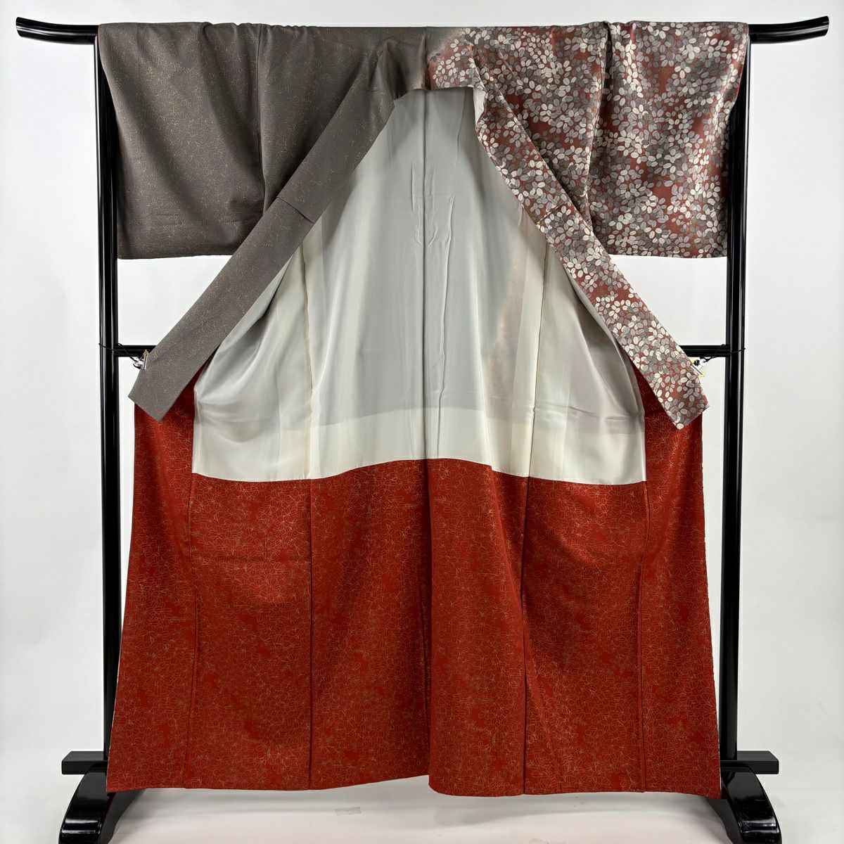 【美品】訪問服 身長162cm 袖長67.5cm L 雙層 萩 金銀彩 小豆 純蠶絲 秀品級