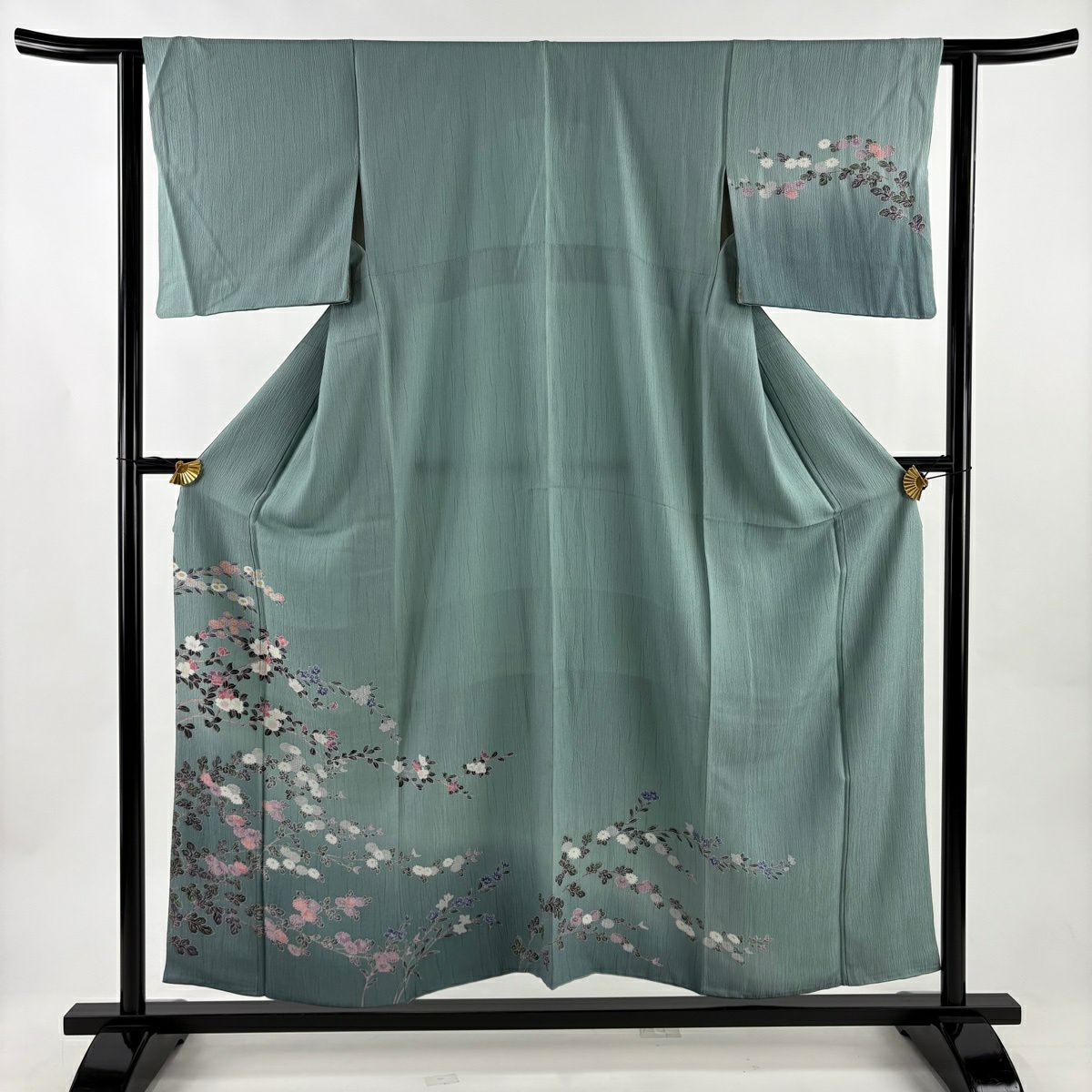 【美品】訪問服 身長154cm 袖長62cm S 雙層 ますいわ屋 枝花 菊花 漸層 灰綠 純蠶絲 秀品級