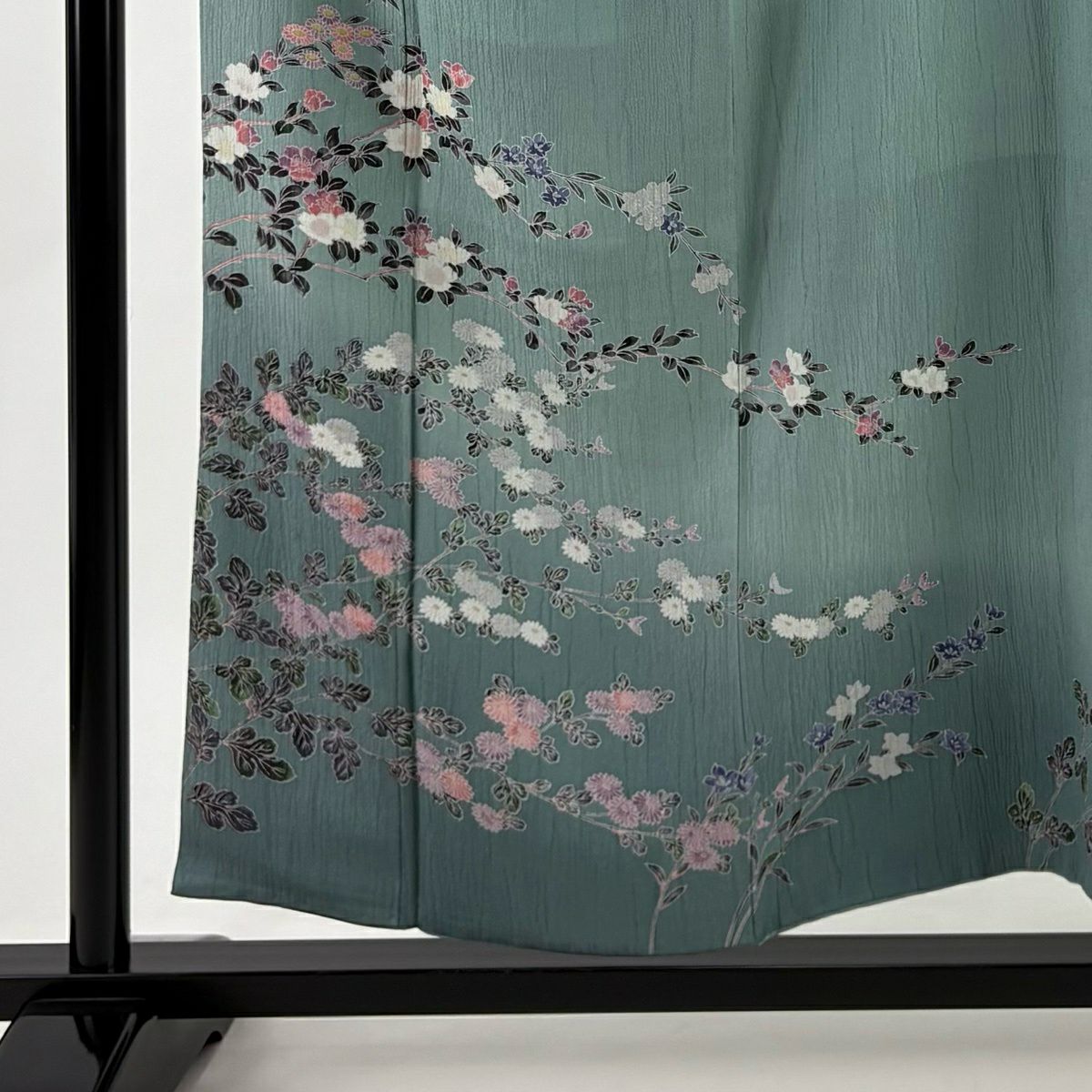 【美品】訪問服 身長154cm 袖長62cm S 雙層 ますいわ屋 枝花 菊花 漸層 灰綠 純蠶絲 秀品級