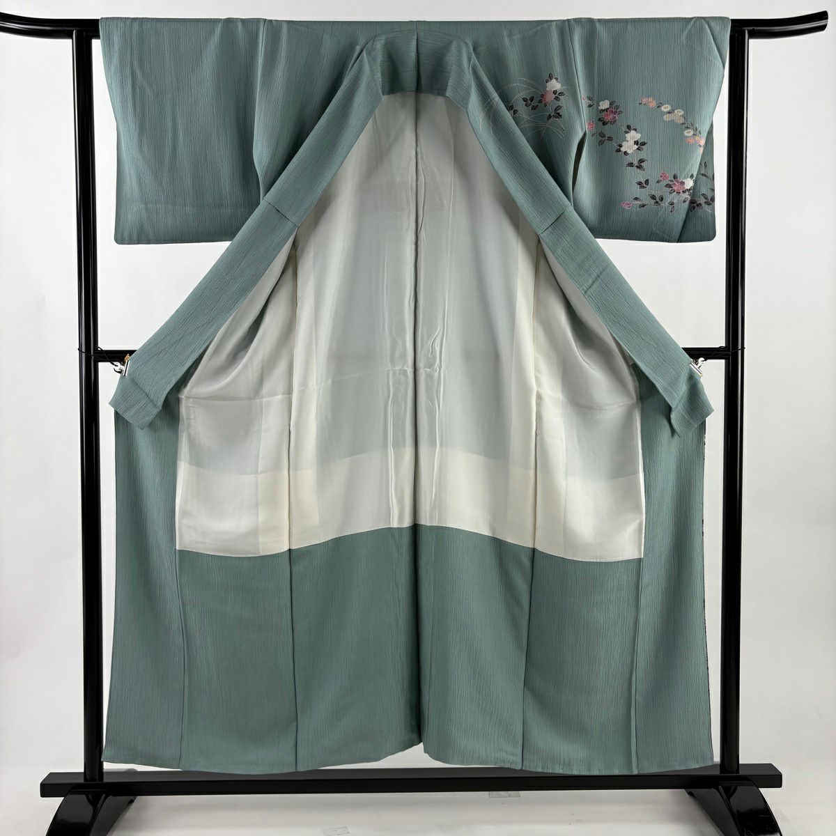 【美品】訪問服 身長154cm 袖長62cm S 雙層 ますいわ屋 枝花 菊花 漸層 灰綠 純蠶絲 秀品級