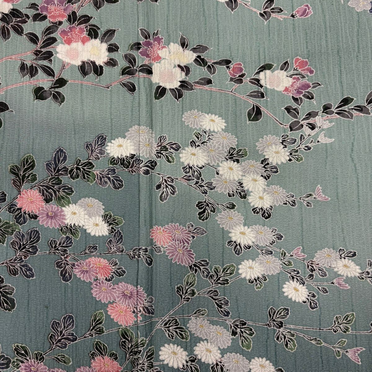 【美品】訪問服 身長154cm 袖長62cm S 雙層 ますいわ屋 枝花 菊花 漸層 灰綠 純蠶絲 秀品級