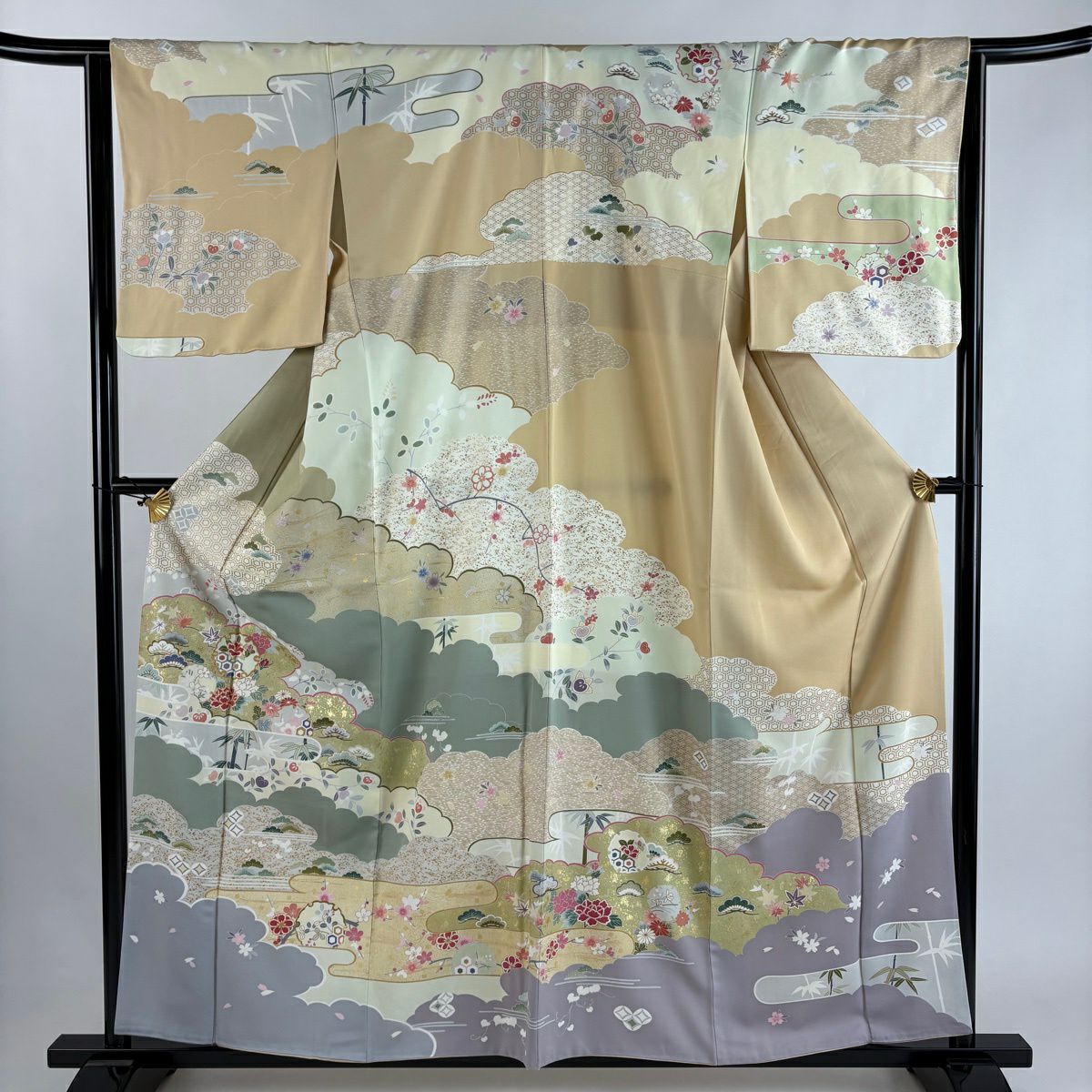 訪問服 身長160cm 袖長64cm M 雙層 雲文 松樹竹子梅花 金銀彩 金絲 米色 純蠶絲 優品級