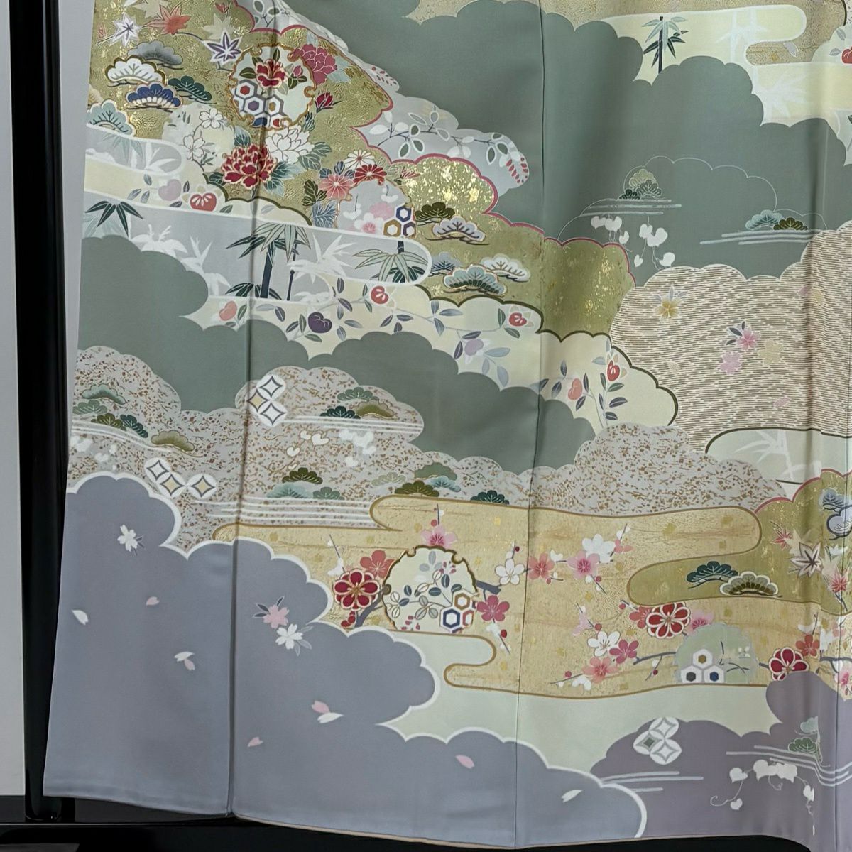 訪問服 身長160cm 袖長64cm M 雙層 雲文 松樹竹子梅花 金銀彩 金絲 米色 純蠶絲 優品級