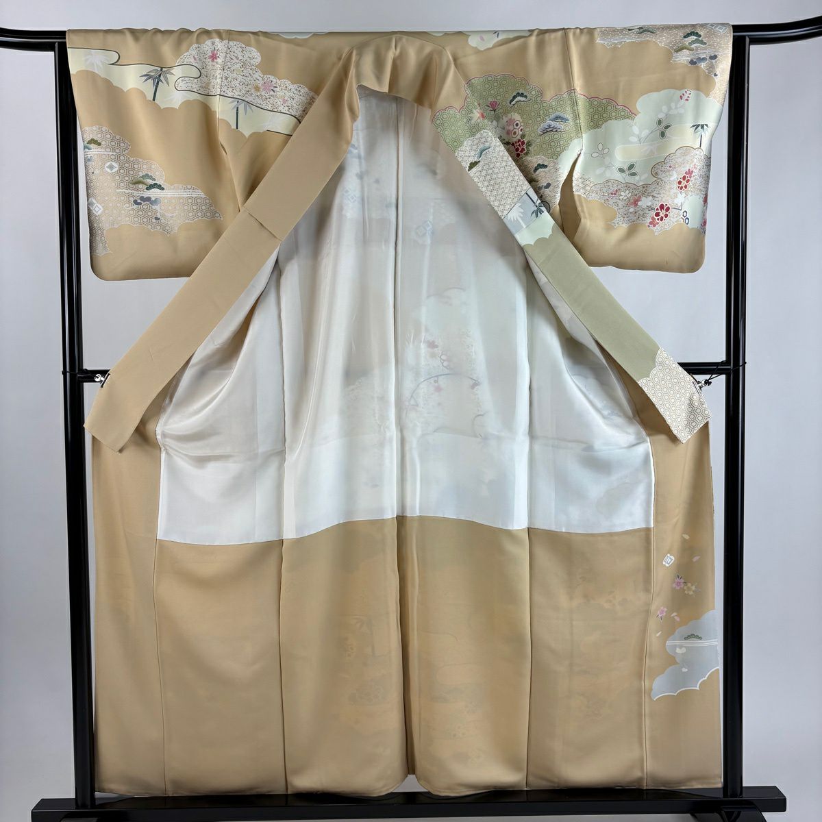 訪問服 身長160cm 袖長64cm M 雙層 雲文 松樹竹子梅花 金銀彩 金絲 米色 純蠶絲 優品級