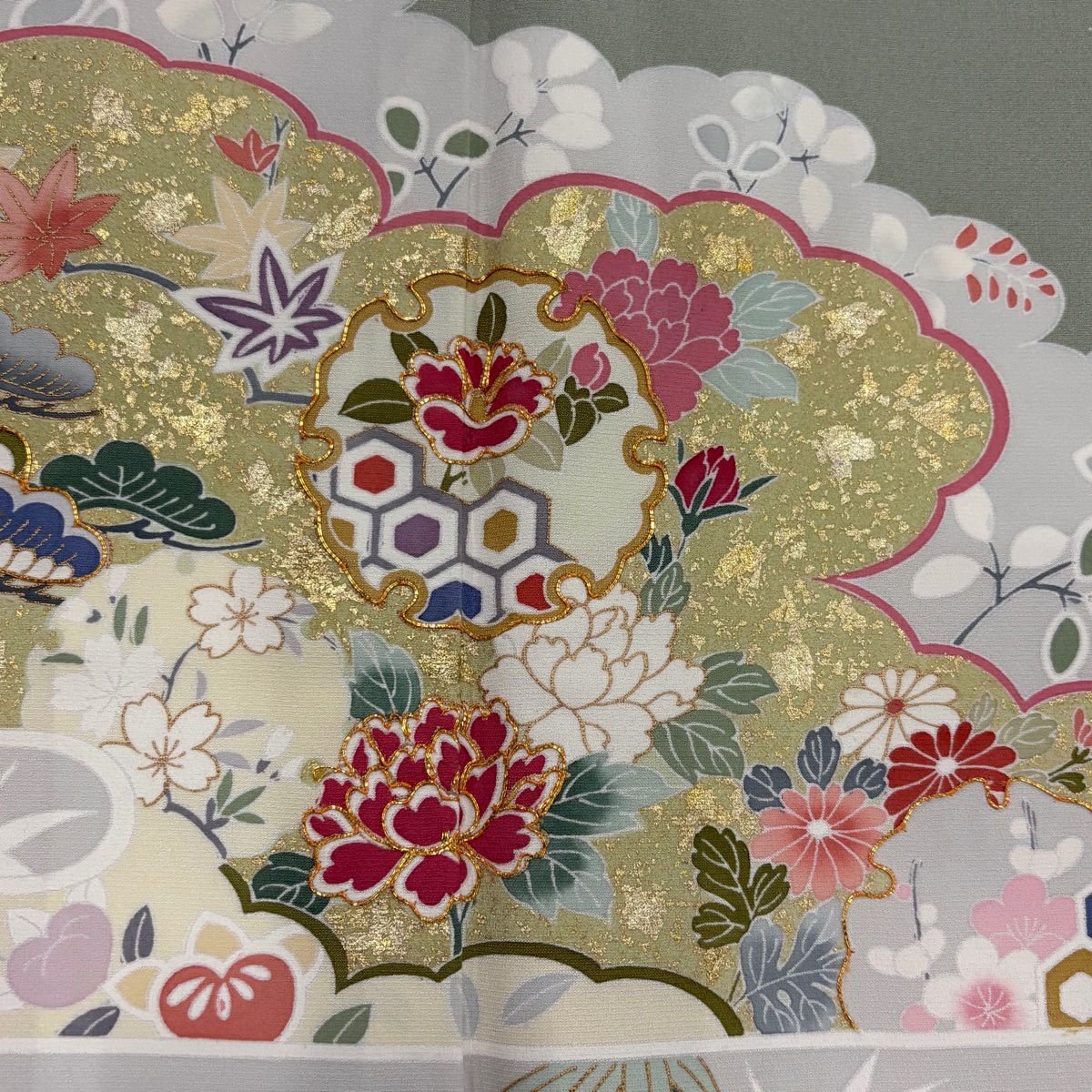 訪問服 身長160cm 袖長64cm M 雙層 雲文 松樹竹子梅花 金銀彩 金絲 米色 純蠶絲 優品級