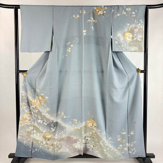 訪問服 身長160.5cm 袖長62.5cm S 雙層 落款あり 貝合わせ 枝花 金銀彩 青灰 純蠶絲 秀品級