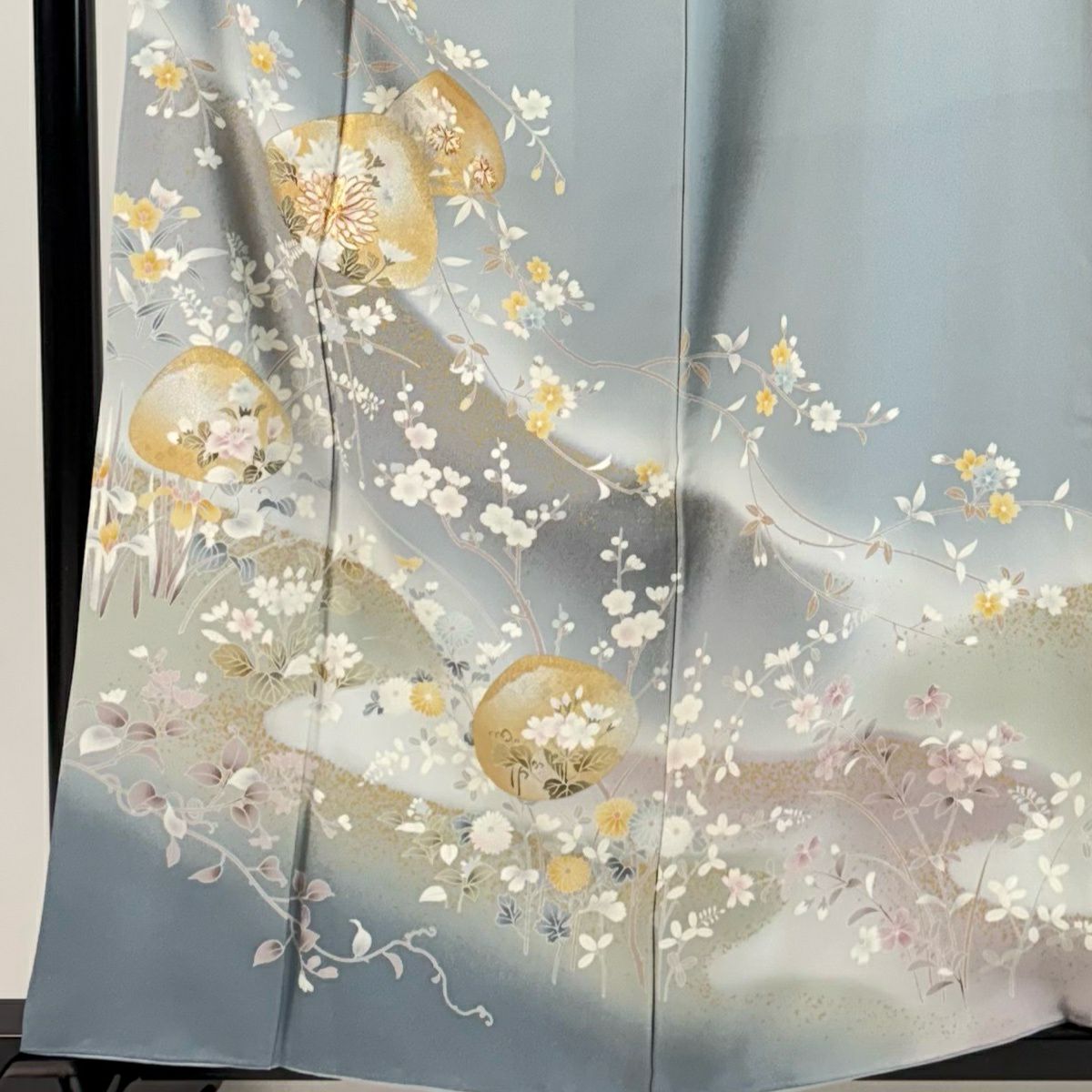 訪問服 身長160.5cm 袖長62.5cm S 雙層 落款あり 貝合わせ 枝花 金銀彩 青灰 純蠶絲 秀品級