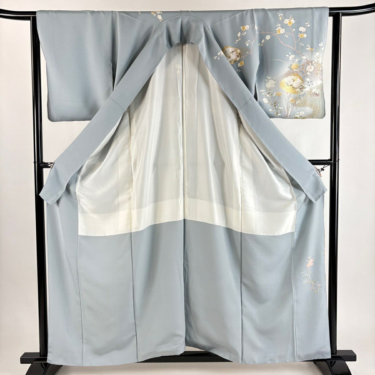 訪問服 身長160.5cm 袖長62.5cm S 雙層 落款あり 貝合わせ 枝花 金銀彩 青灰 純蠶絲 秀品級