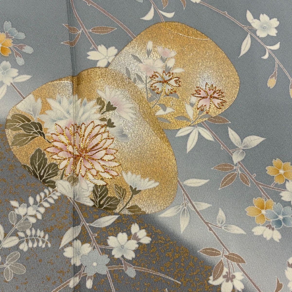 訪問服 身長160.5cm 袖長62.5cm S 雙層 落款あり 貝合わせ 枝花 金銀彩 青灰 純蠶絲 秀品級