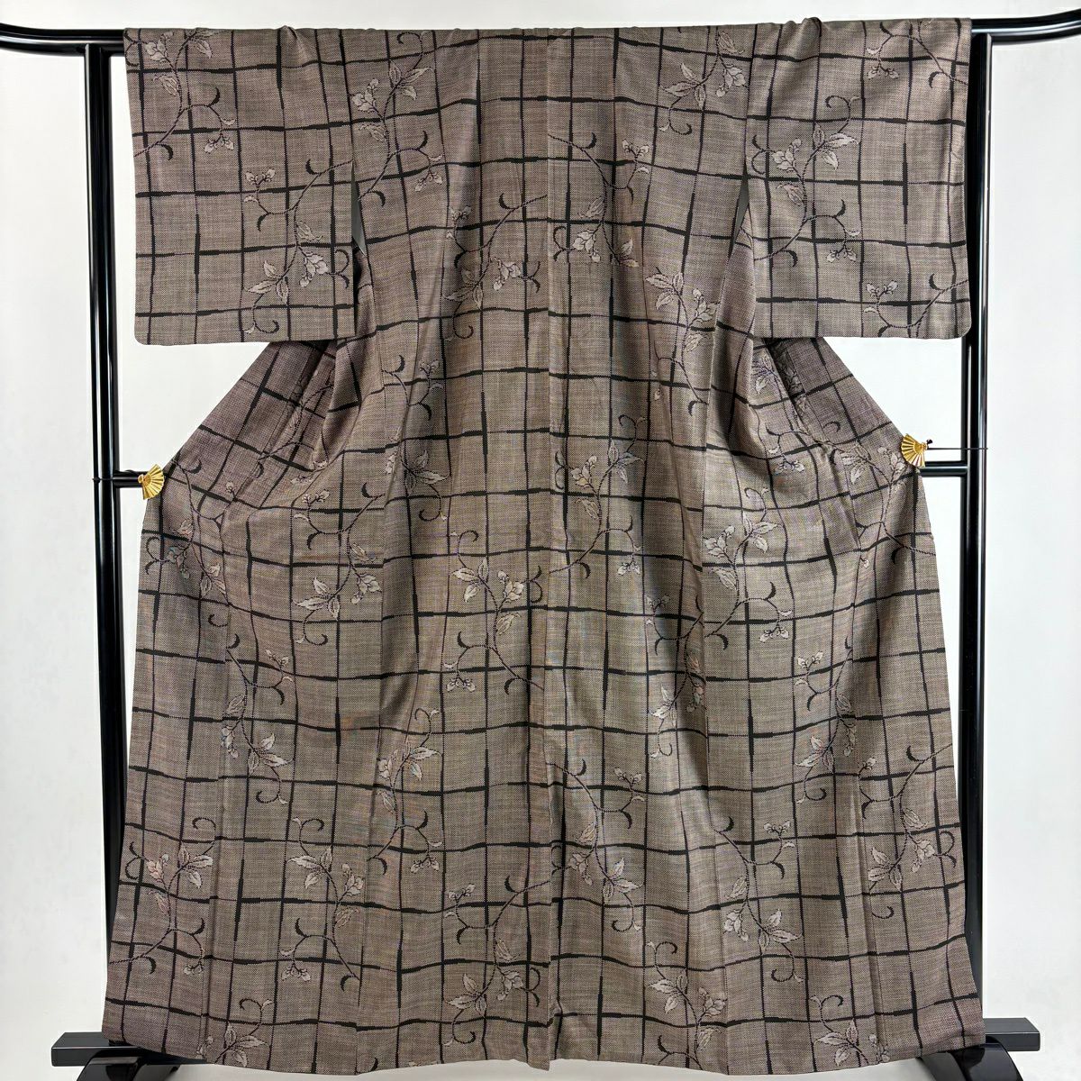 【美品】 大島織 身長162cm 袖長63cm S 雙層 純泥染 證書附帶 變化市松樹 花唐草紋 焦茶 純蠶絲 優品級