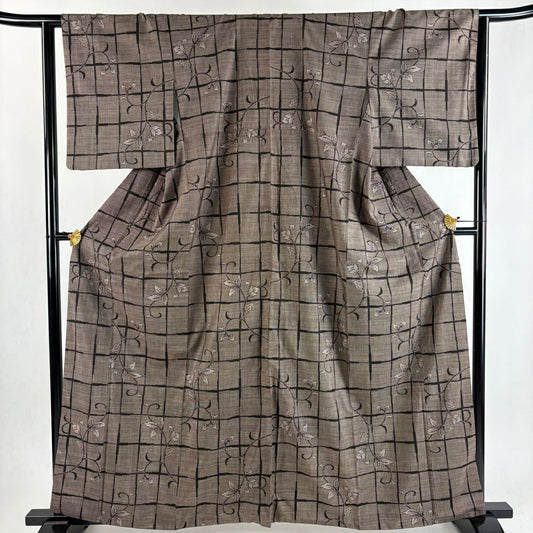 【美品】 大島織 身長162cm 袖長63cm S 雙層 純泥染 證書附帶 變化市松樹 花唐草紋 焦茶 純蠶絲 優品級