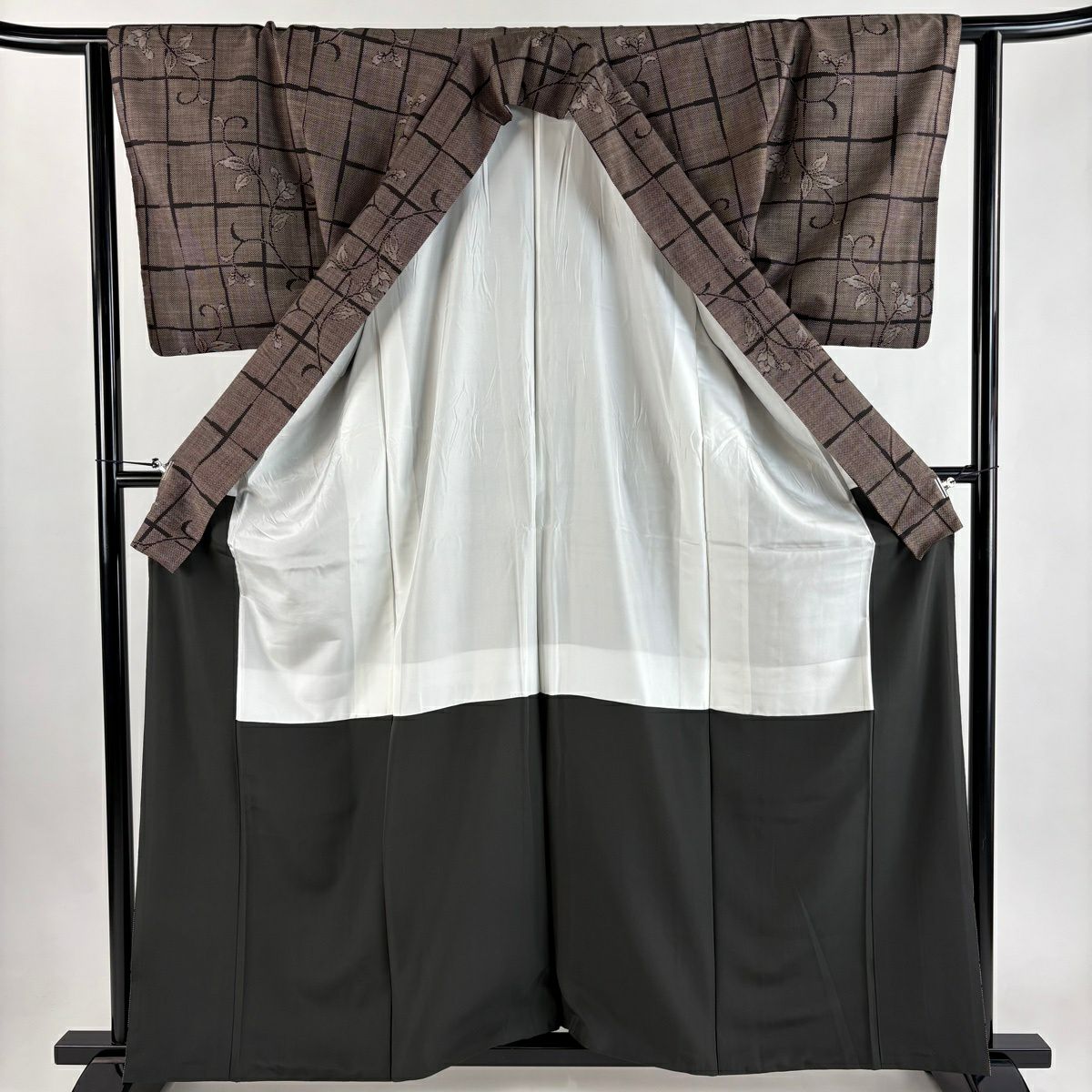 【美品】 大島織 身長162cm 袖長63cm S 雙層 純泥染 證書附帶 變化市松樹 花唐草紋 焦茶 純蠶絲 優品級