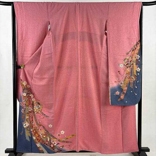 【美品】振袖禮服 身長160cm 袖長66cm M 雙層 手鞠 鈴 金銀彩 染分 粉紅 純蠶絲 秀品級