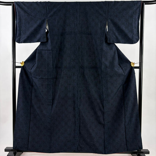 紬織 身長160.5cm 袖長64.5cm M 雙層 證書齊全 龜甲絣 幾何學 深藍 純蠶絲 優品級