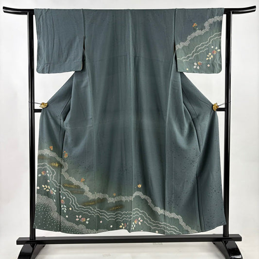 訪問服 身長151.5cm 袖長62cm S 雙層 草花紋紋 霞 金彩裝飾 絞染 灰綠 純蠶絲 秀品級