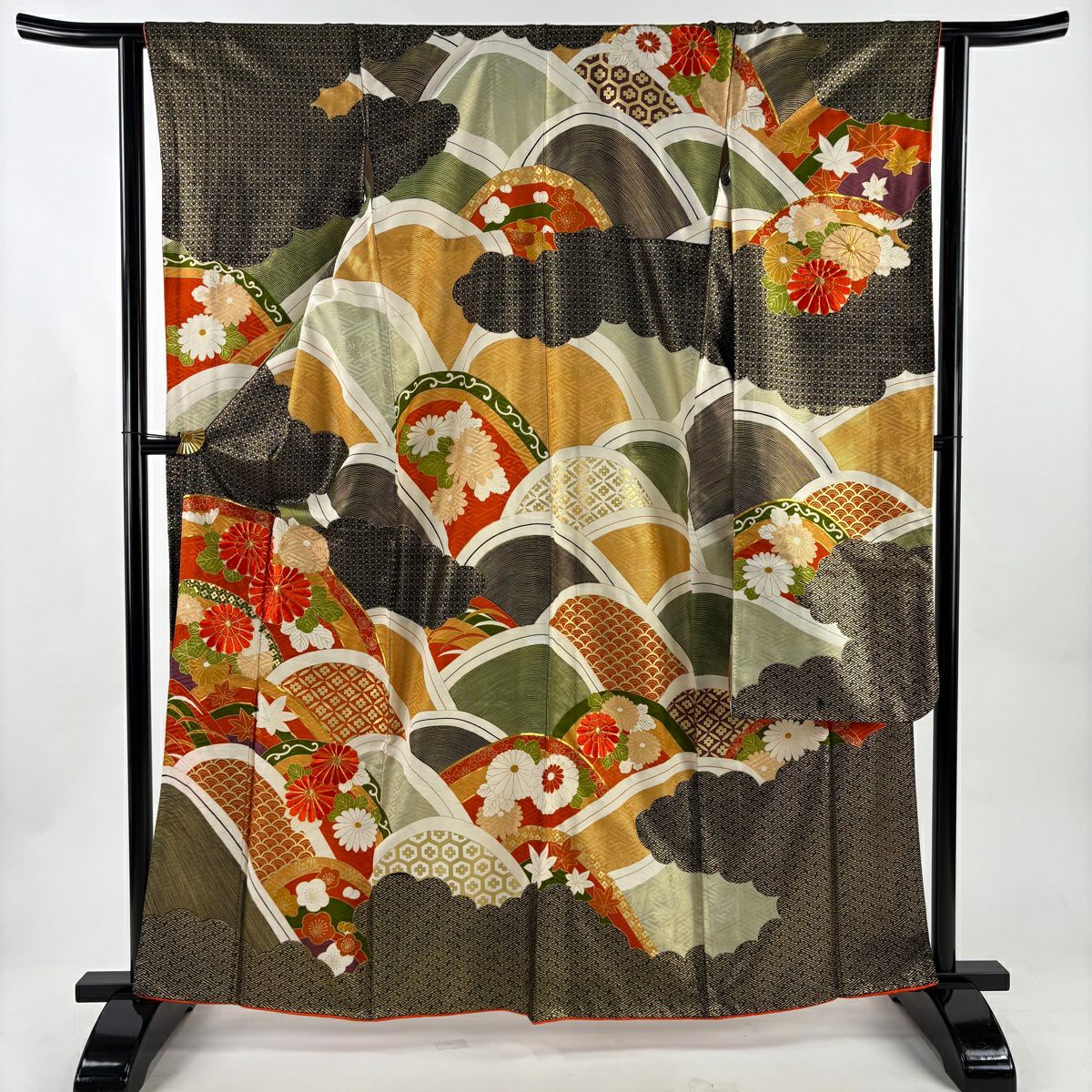 振袖禮服 身長163cm 袖長63cm S 雙層 菊花 波 刺繡 金彩裝飾 橙色 純蠶絲 秀品級