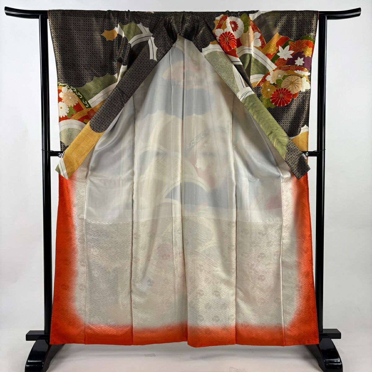 振袖禮服 身長163cm 袖長63cm S 雙層 菊花 波 刺繡 金彩裝飾 橙色 純蠶絲 秀品級