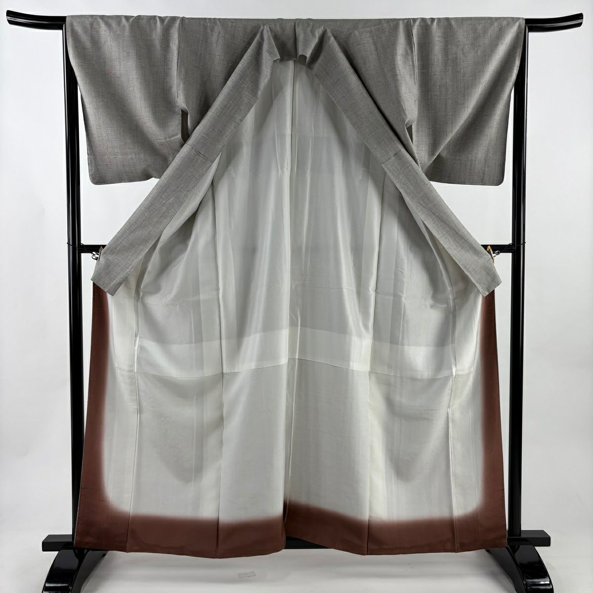 【美品】 紬織 身長161cm 袖長66cm M 雙層 橫條 灰 純蠶絲 秀品級