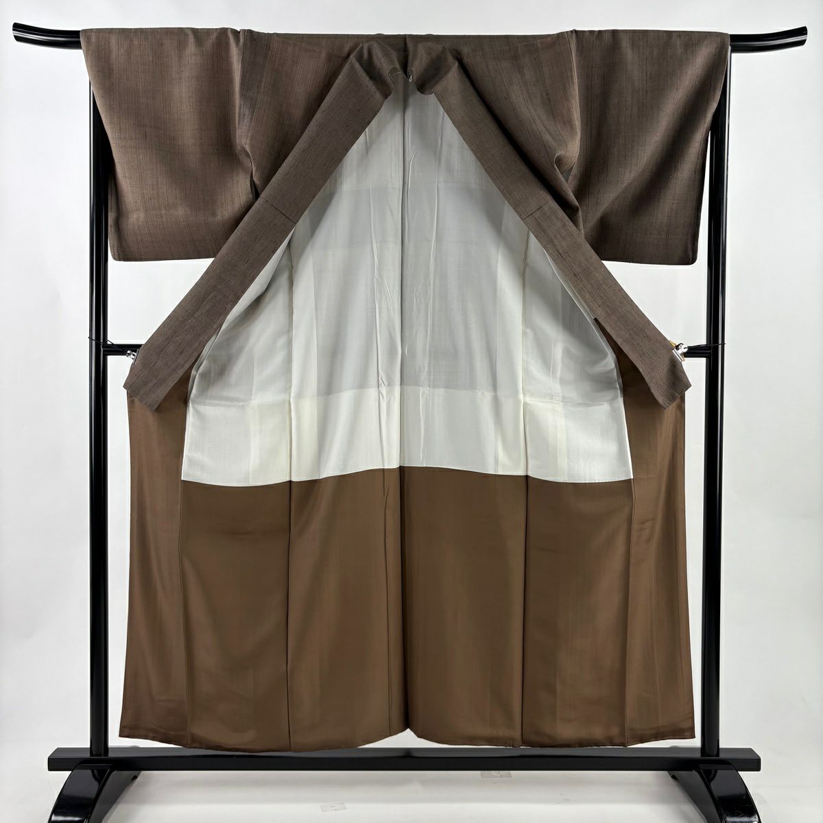 【美品】 紬織 身長158.5cm 袖長67.5cm L 雙層 垂直條紋 茶 純蠶絲 秀品級