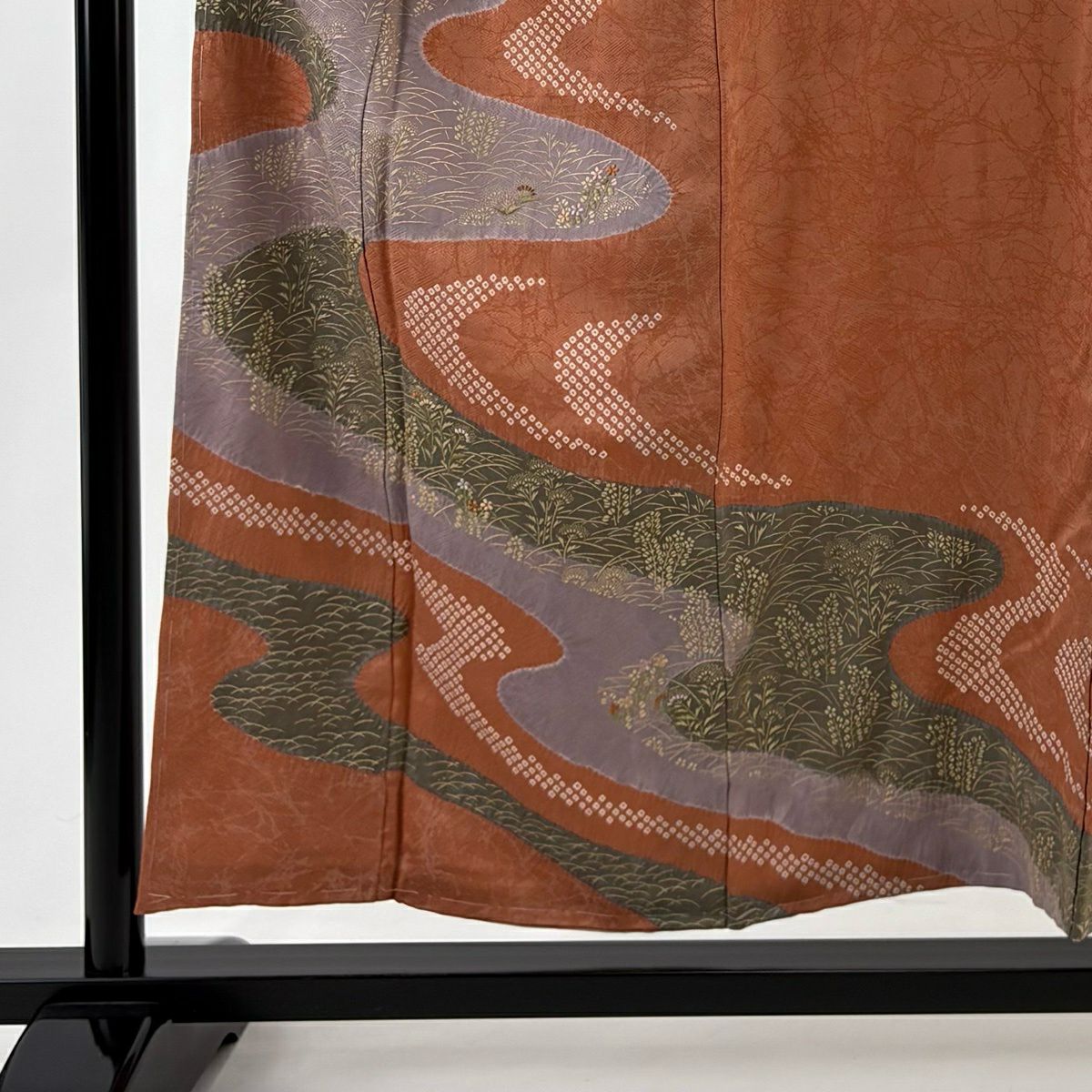 【美品】訪問服 身長155.5cm 袖長65cm M 雙層 草花紋紋 流水 金彩裝飾 刺繡 鮭粉色 純蠶絲 秀品級