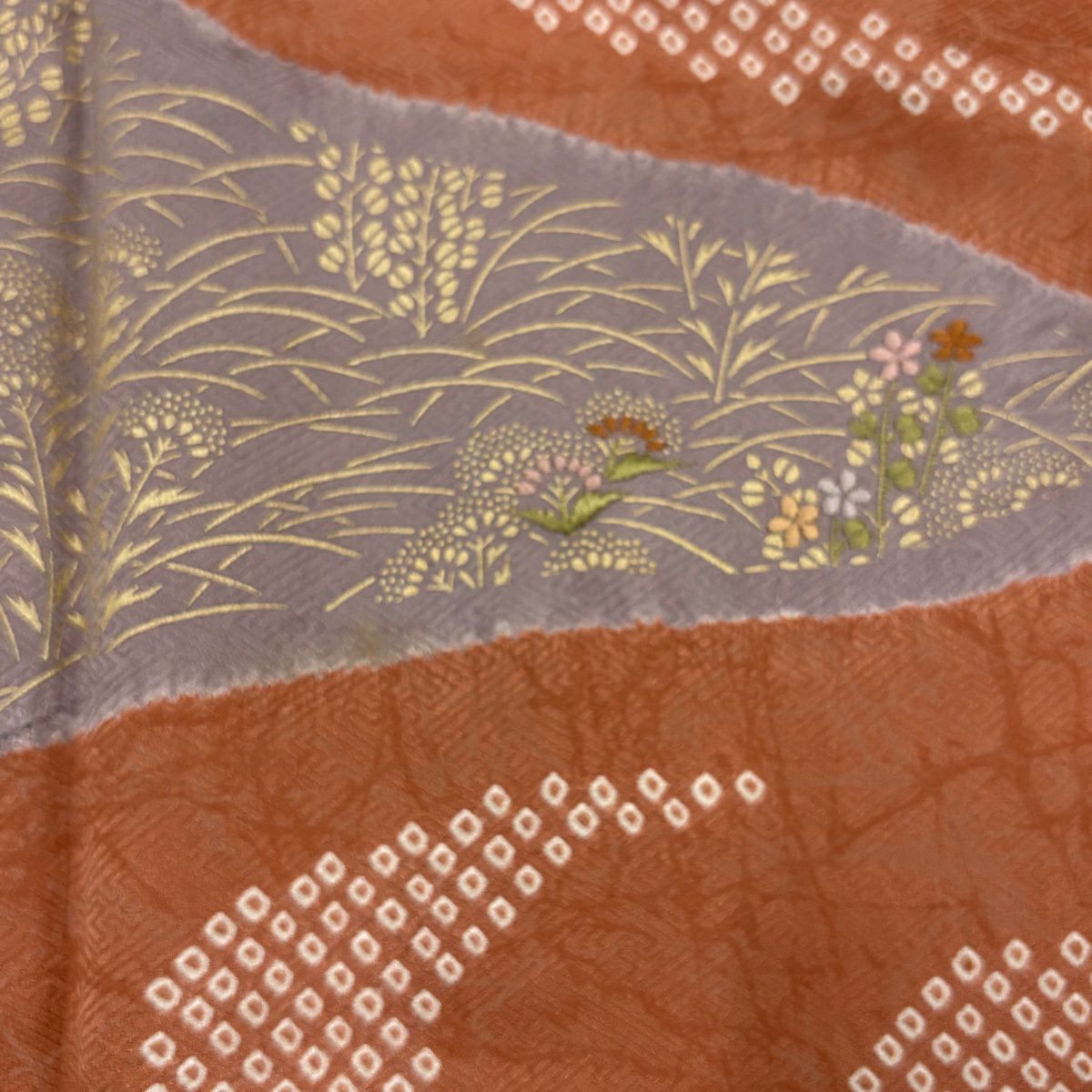 【美品】訪問服 身長155.5cm 袖長65cm M 雙層 草花紋紋 流水 金彩裝飾 刺繡 鮭粉色 純蠶絲 秀品級