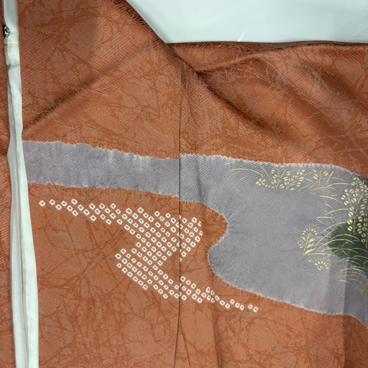 【美品】訪問服 身長155.5cm 袖長65cm M 雙層 草花紋紋 流水 金彩裝飾 刺繡 鮭粉色 純蠶絲 秀品級