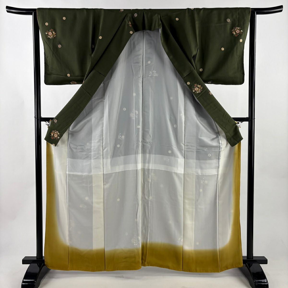 【美品】 小紋 身長163.5cm 袖長64cm M 雙層 草花紋紋 金銀彩 茶綠 純蠶絲 秀品級