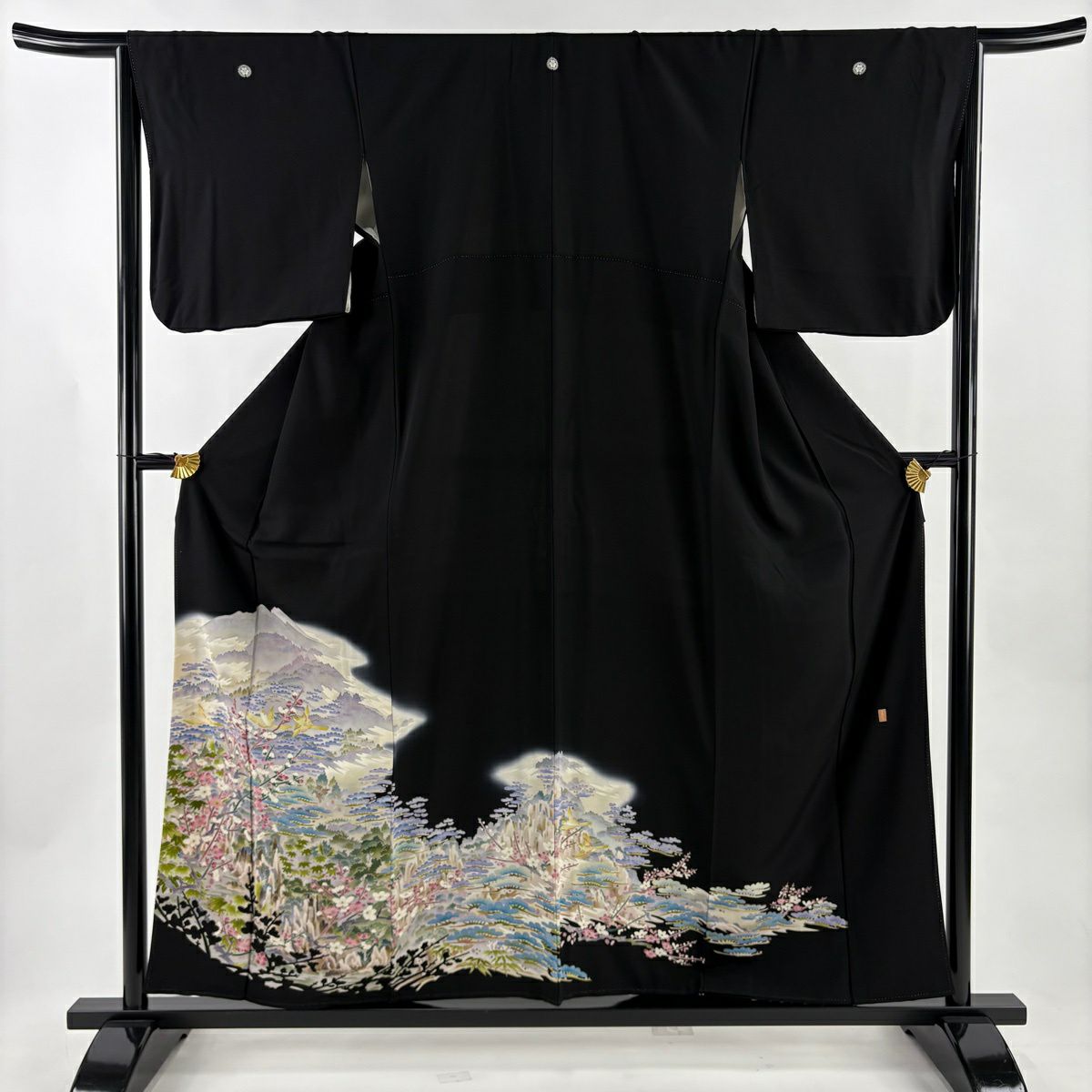 黑留袖禮服 身長156cm 袖長66.5cm M 雙層 落款有 風景 松樹竹子梅花 漸層 黑 純蠶絲 優品級