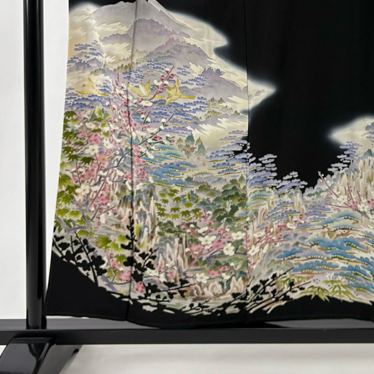 黑留袖禮服 身長156cm 袖長66.5cm M 雙層 落款有 風景 松樹竹子梅花 漸層 黑 純蠶絲 優品級