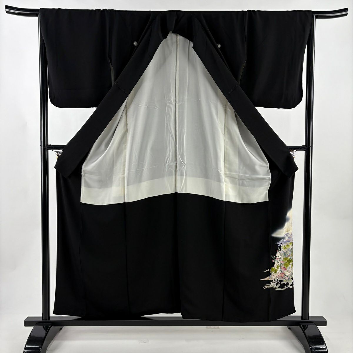 黑留袖禮服 身長156cm 袖長66.5cm M 雙層 落款有 風景 松樹竹子梅花 漸層 黑 純蠶絲 優品級