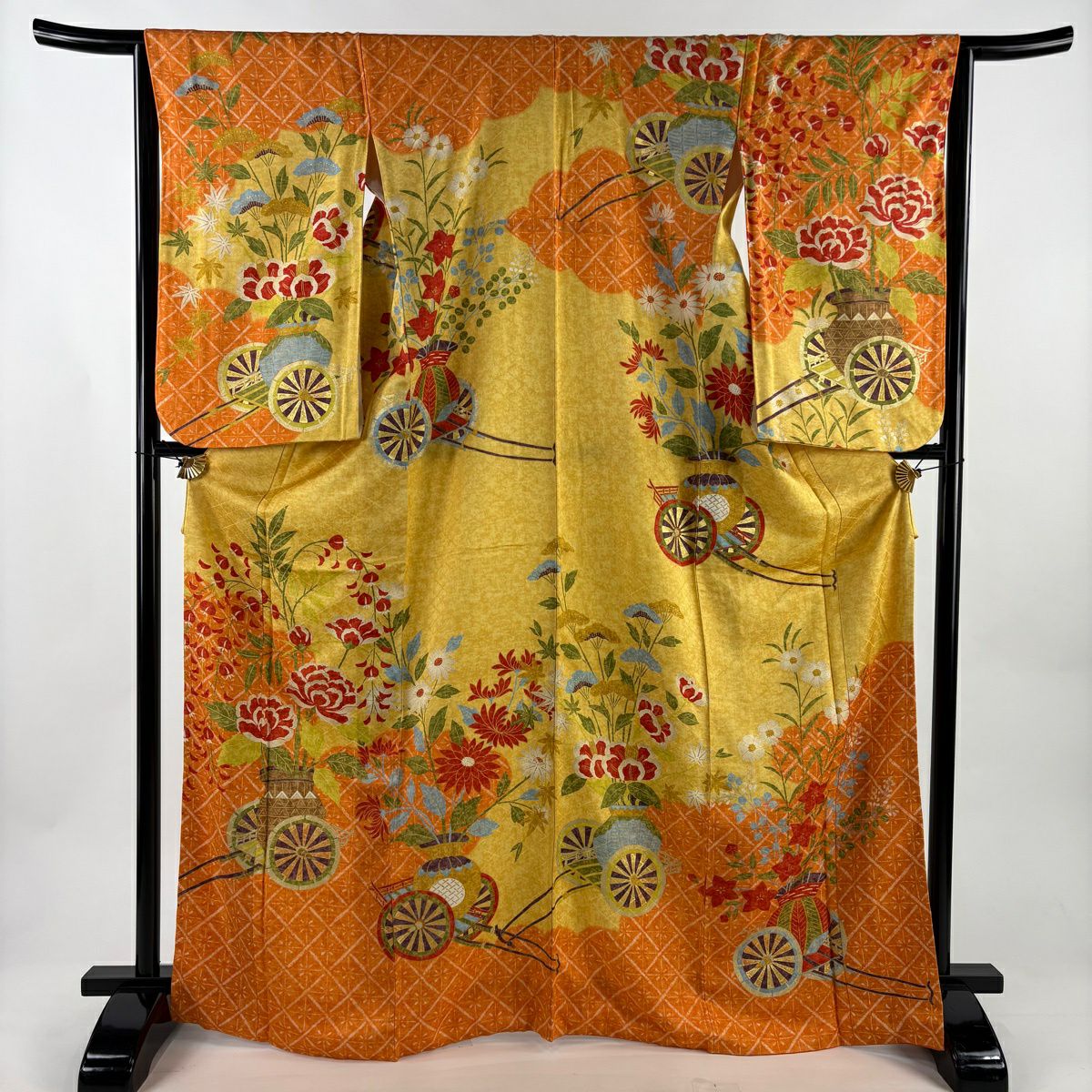 訪問服 身長169.5cm 袖長63.5cm S 雙層 花車 菱 金銀彩 橙色 純蠶絲 優品級