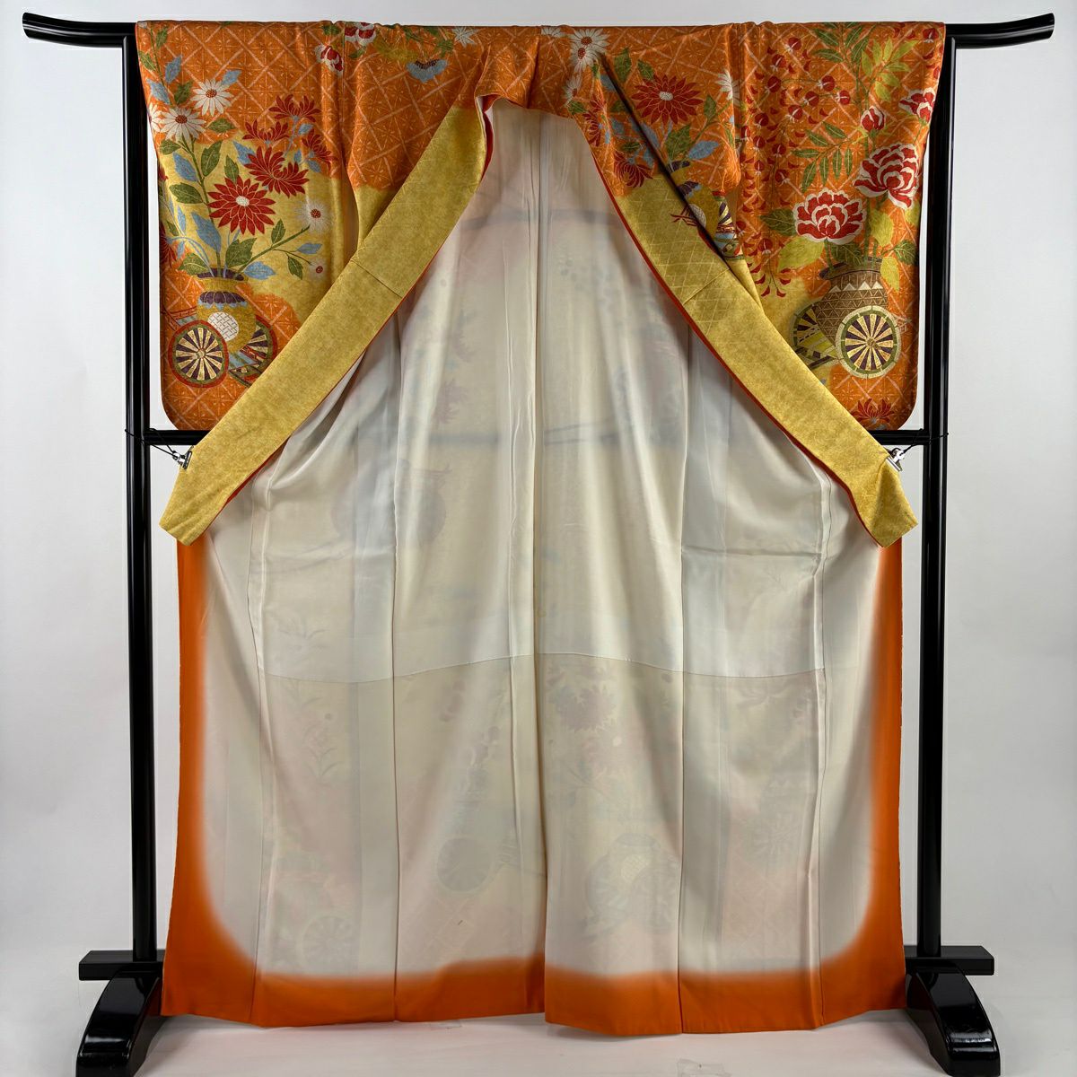 訪問服 身長169.5cm 袖長63.5cm S 雙層 花車 菱 金銀彩 橙色 純蠶絲 優品級