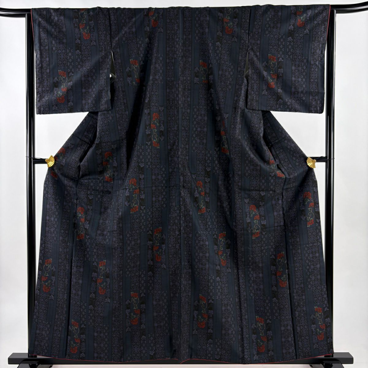 【美品】 大島紬織 身長160.5cm 袖長65cm M 雙層 純泥染 證書附帶 花唐草紋 紋 純蠶絲 優品級