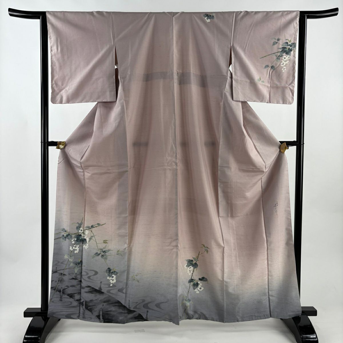 【美品】 付下 身長163.5cm 袖長63.5cm S 雙層 二代目清次郎 紬織織 地 落款あり 枝花 流水 染分 灰櫻 純蠶絲 秀品級