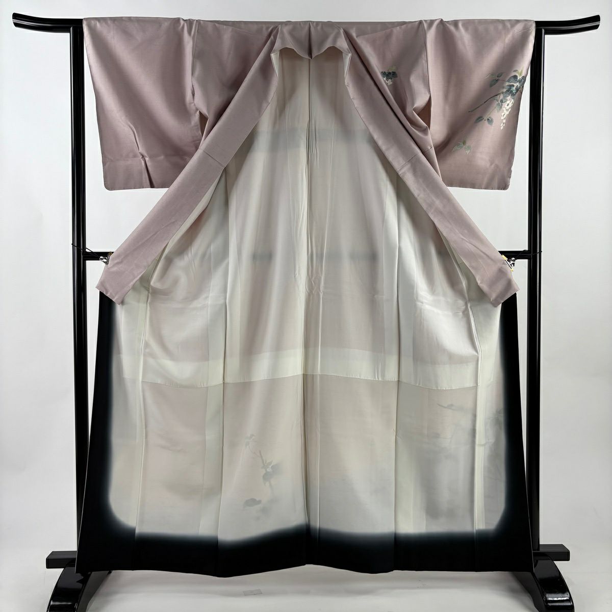 【美品】 付下 身長163.5cm 袖長63.5cm S 雙層 二代目清次郎 紬織織 地 落款あり 枝花 流水 染分 灰櫻 純蠶絲 秀品級
