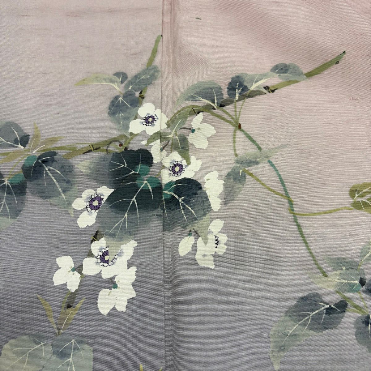 【美品】 付下 身長163.5cm 袖長63.5cm S 雙層 二代目清次郎 紬織織 地 落款あり 枝花 流水 染分 灰櫻 純蠶絲 秀品級
