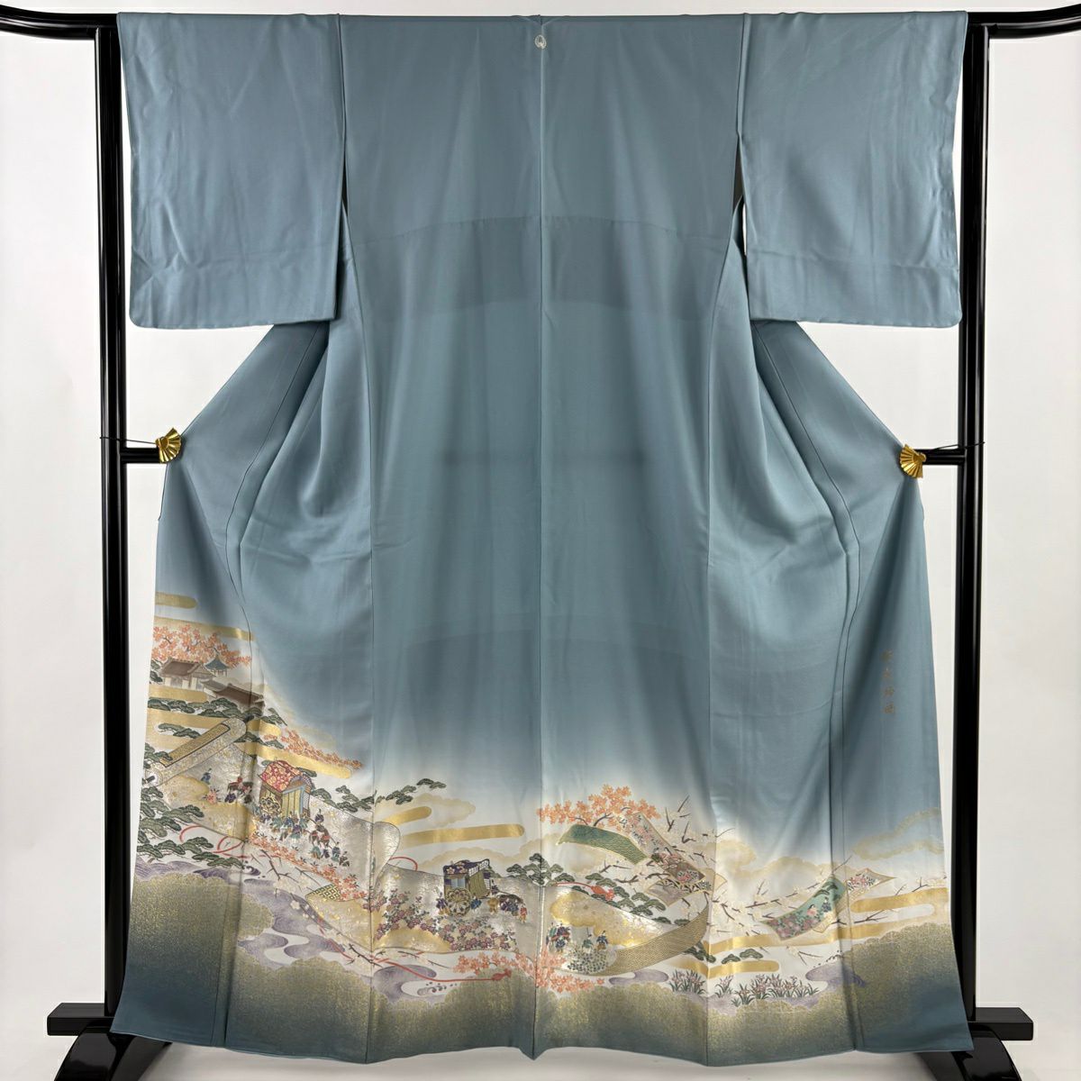 色留袖禮服 身長162.5cm 袖長63cm S 雙層 卷物 御所車 金銀彩 漸層 灰綠 純蠶絲 秀品級 一つ紋